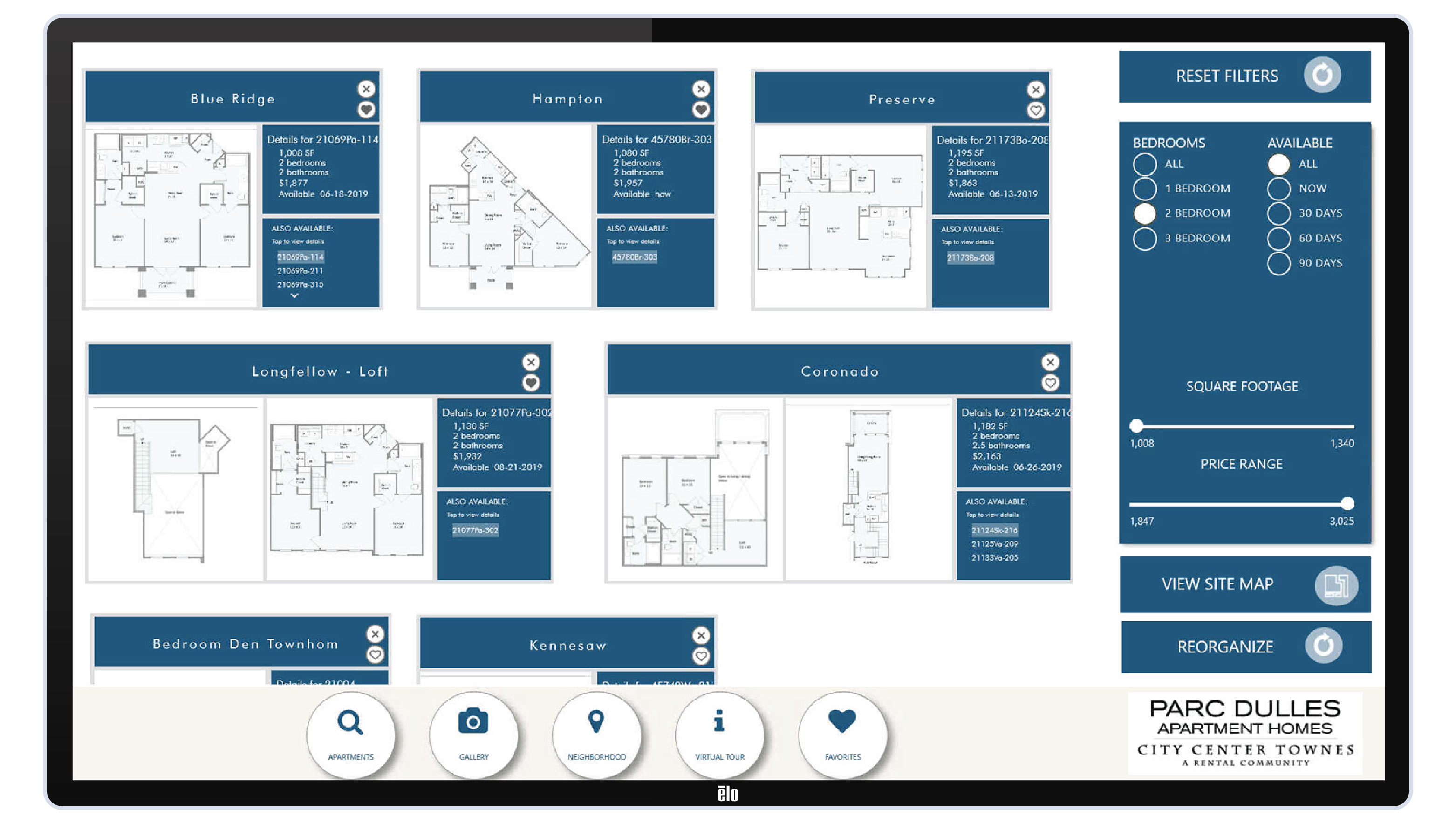 Pynwheel touchscreen showcasing numerous apartment floor plans on page- Modernist design