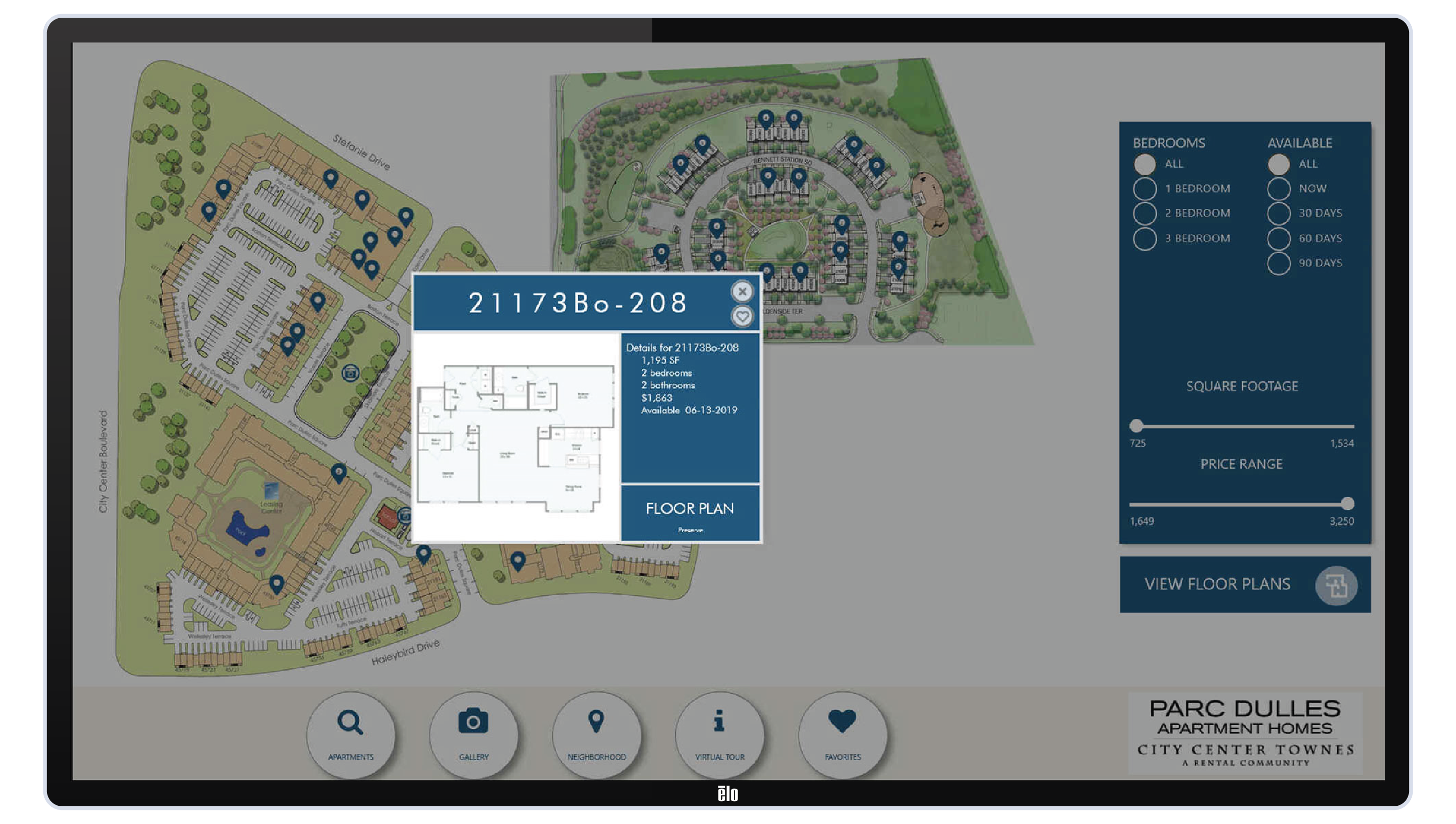 Pynwheel touchscreen interactive website map with popup window of aparment floorplan- Modernist design