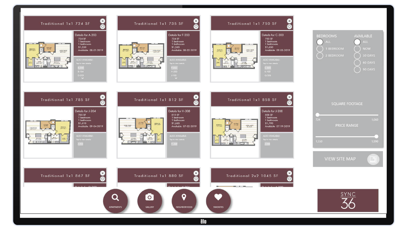 Pynwheel touchscreen Modernist design page showcasing numerous apartment floorplan choices to choose from