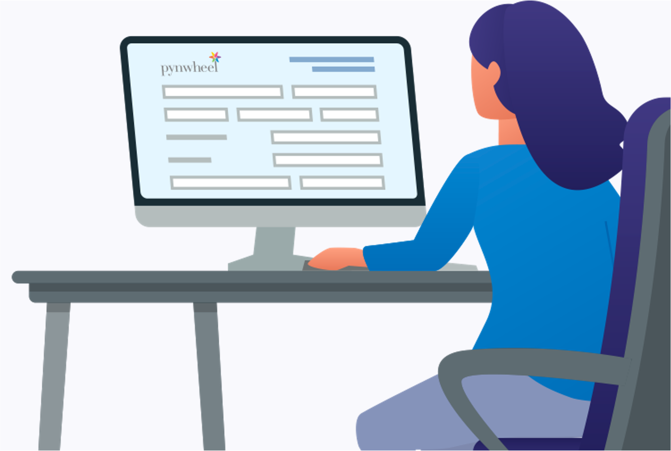 Animation of woman filling out online Pynwheel form to submit payment, content and data
