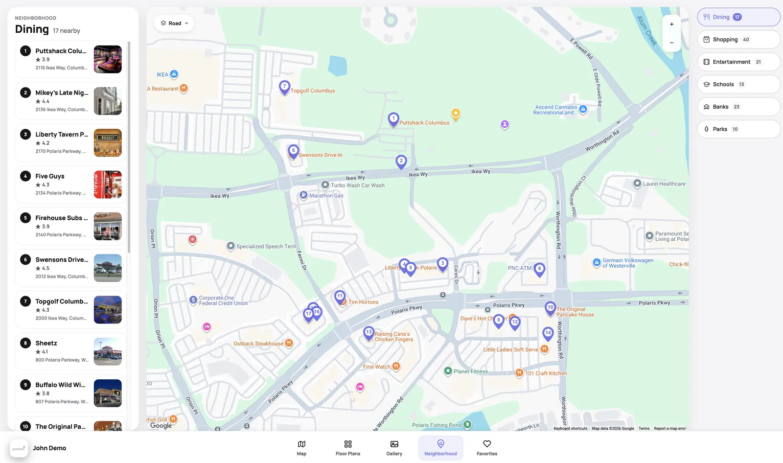 Pynwheel Touch neighborhood map listing nearby dining, shopping, entertainment, schools, banks and parks