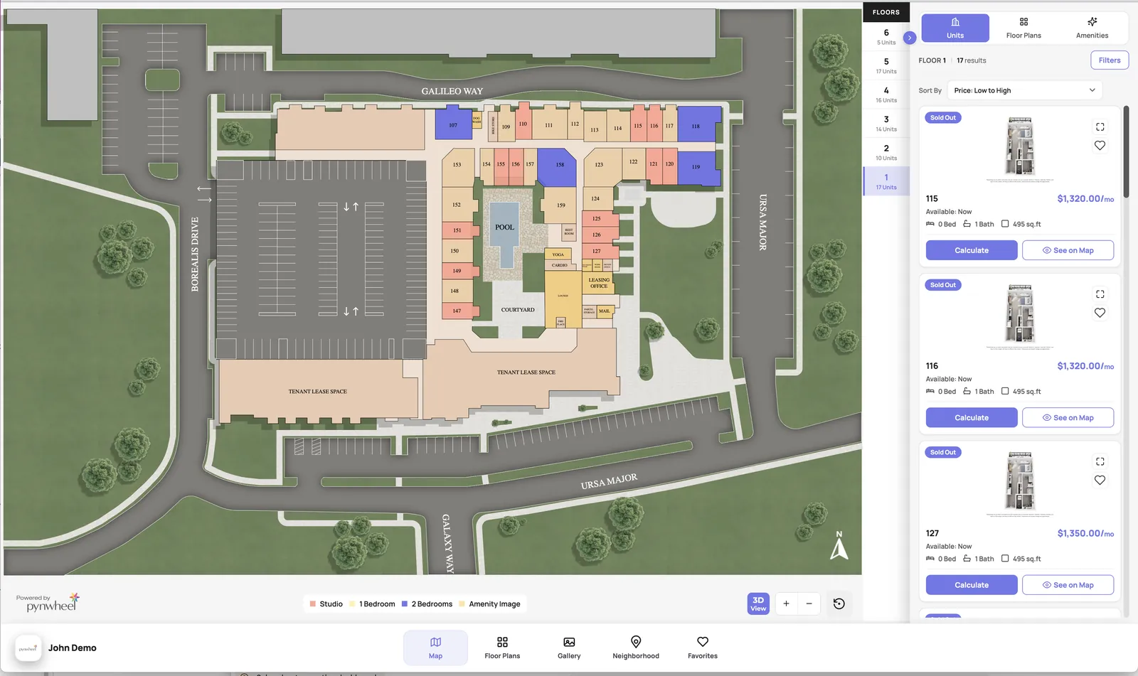 Pynwheel interactive property map of an apartment community with units color-coded by floor plan, a floor selector and available units with prices